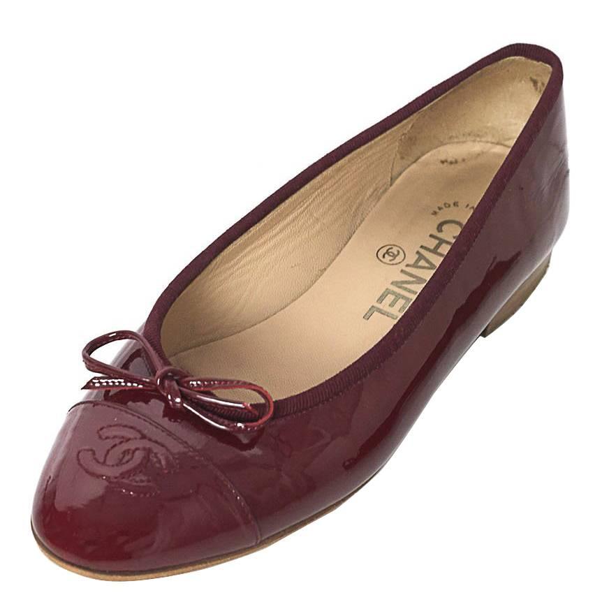 Chanel Burgundy Patent Ballet CC Flats sz 36.5 w/DB