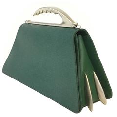 Vintage 1960s Ivan Cipriani Italy Green Waxed Canvas Atomic Age Iron Handle Purse