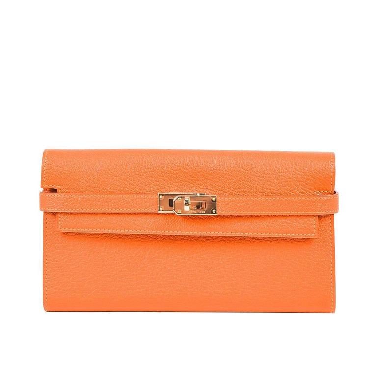 Hermes NIB Orange Feu Gold Plated Chevre Mysore Leather Long Kelly  Wallet For Sale at 1stDibs