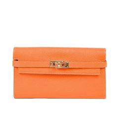 Hermes NIB Orange "Feu" Gold Plated Chevre Mysore Leather Long "Kelly" Wallet
