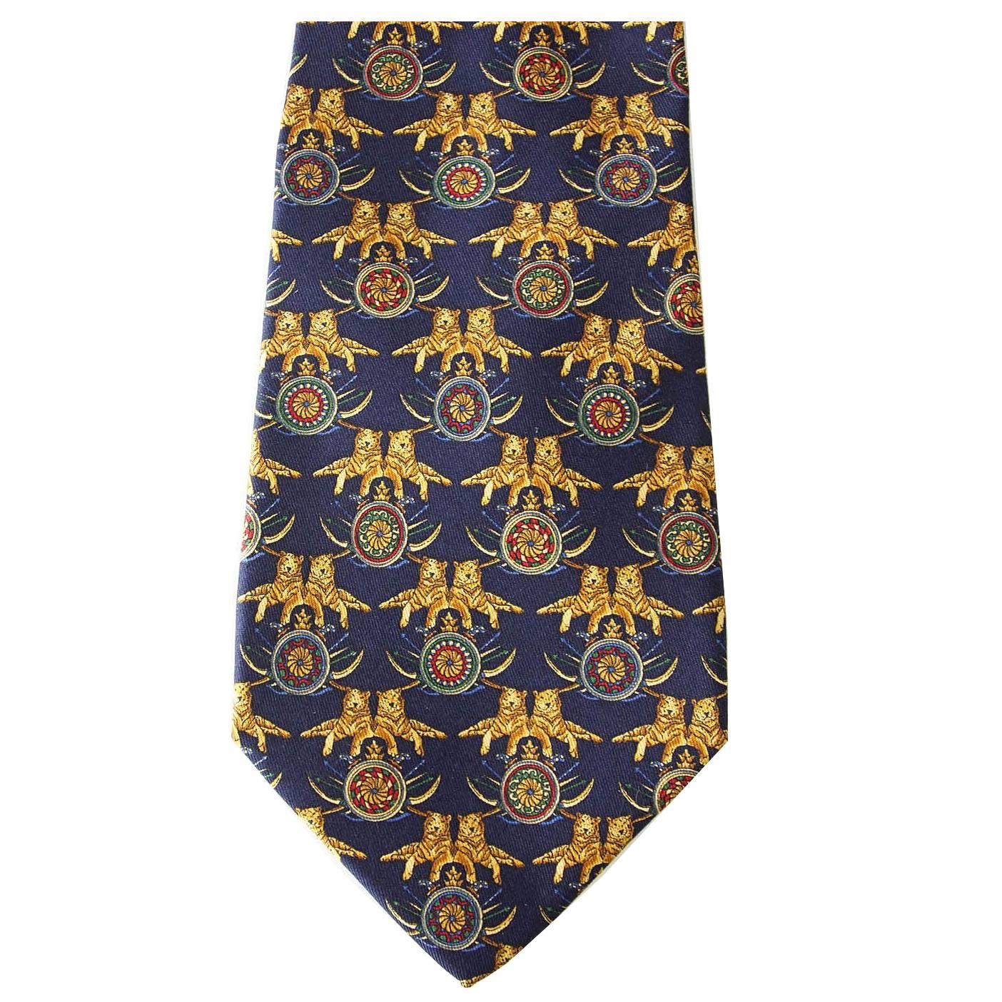 SALVATORE FERRAGAMO Tie Blue w/ Seated Tigers Rare