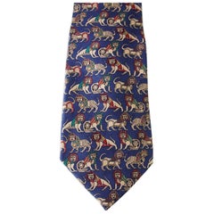 SALVATORE FERRAGAMO Krawatte Blau mit exotischen assyrianischen Löwen Rare