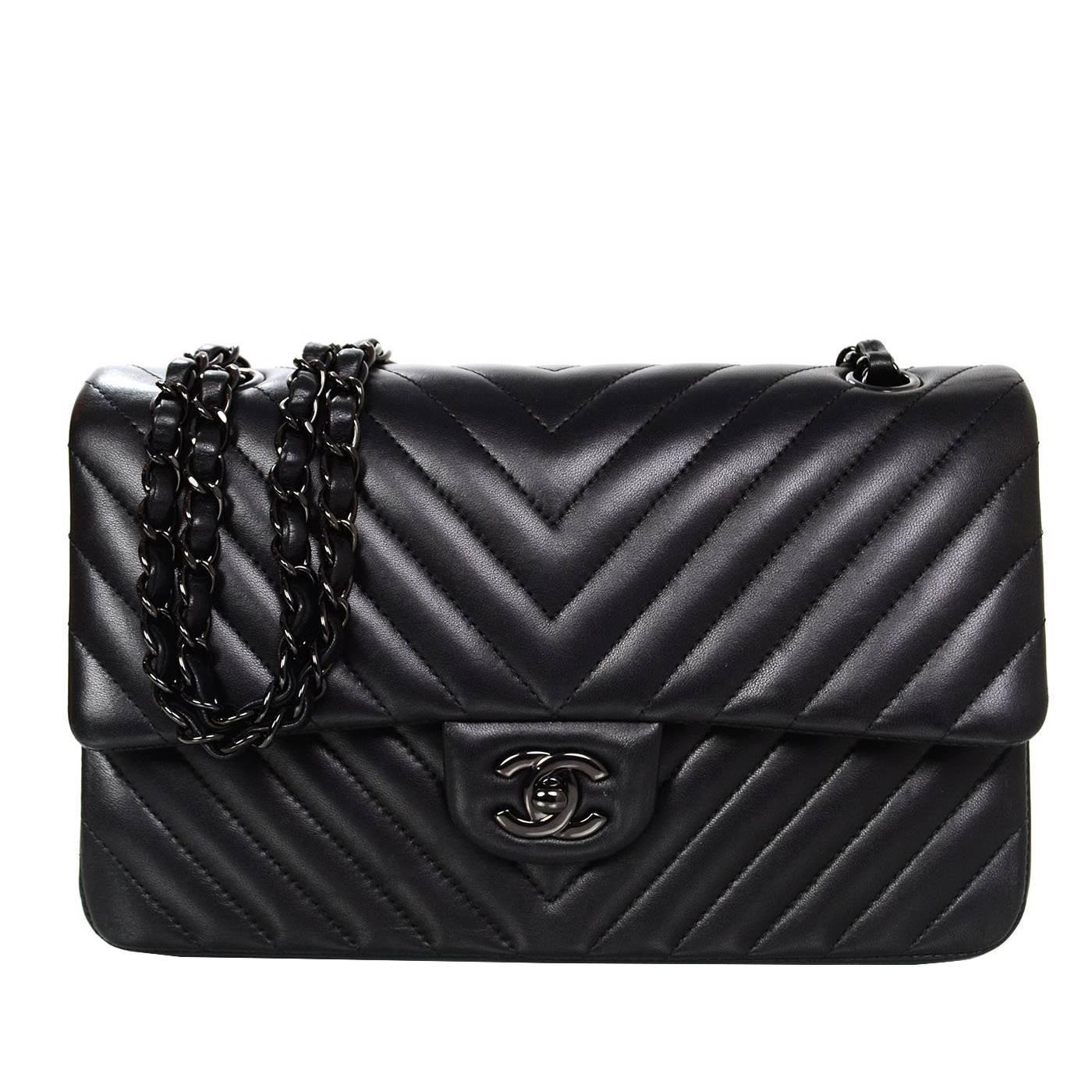 Chanel Rare Chevron So Black 10 Double Flap Classic Bag At 1stdibs