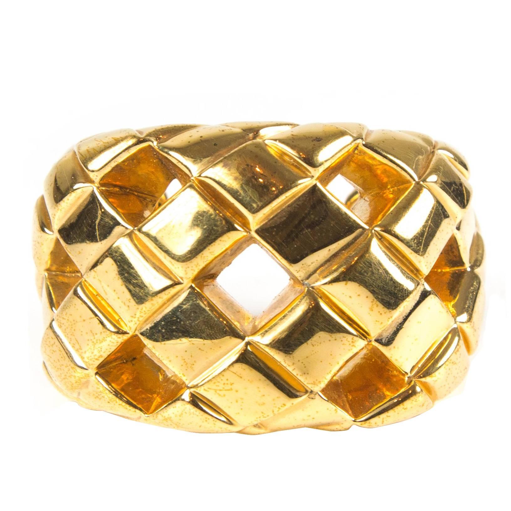 Chanel Rare Bracelet Cut Out Quilted Vintage Cuff - Gold Wide Bangle CC Woven 23