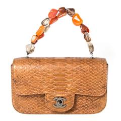 Chanel Python Brown Leather Bag Semi Precious Stones Gripoix CC Silver Snakeskin