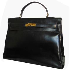 Rare 1947 Hermes Kelly Bag Retourne 35cm Sac a Depeches in Black Box Leather 