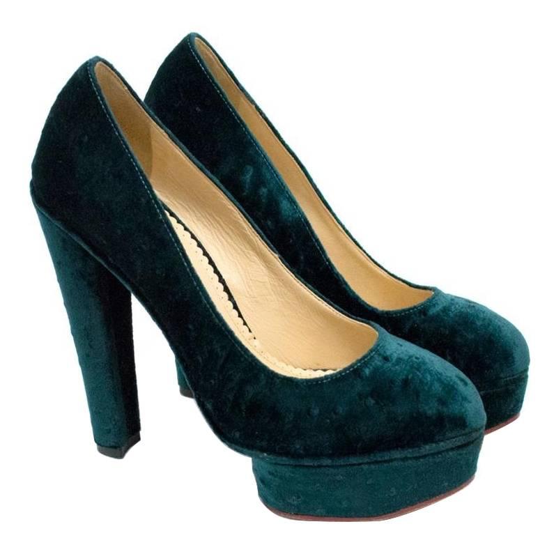 Charlotte Olympia 'The Dolly' Green Velvet Platform Heels For Sale