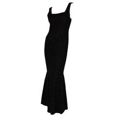 Rare Mermaid Evening Gown Fishtail Hem Black Beaded Brocade 1960s Sz S