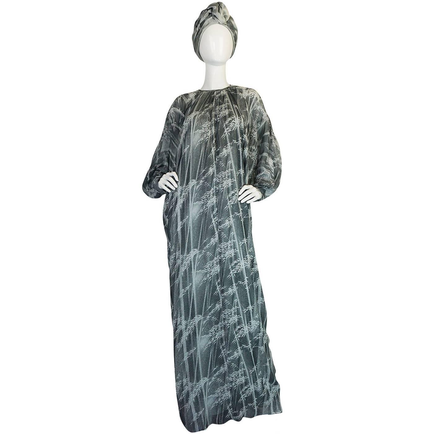 1970s Grey Print Chiffon Yuki Caftan Jersey Dress & Turban