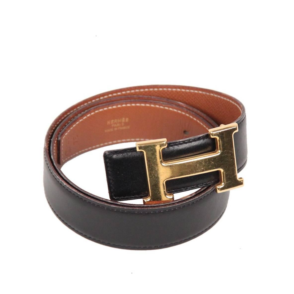 Authentic HERMES Black Leather BELT Gold Metal H BUCKLE Size 75