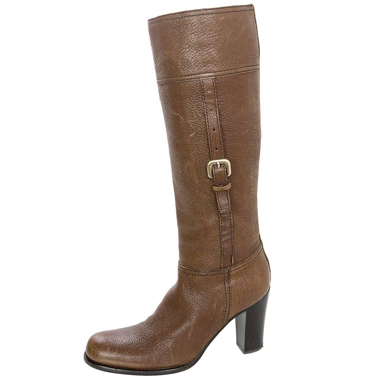 Prada Brown Leather Heeled Boots sz 36.5