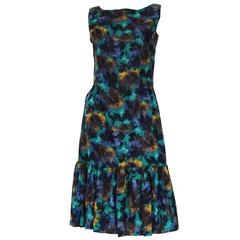 1960s Navy and Green Floral Silk Printed Dress