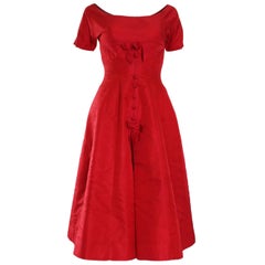 1950s Crimson Satin Full Skirted Dress