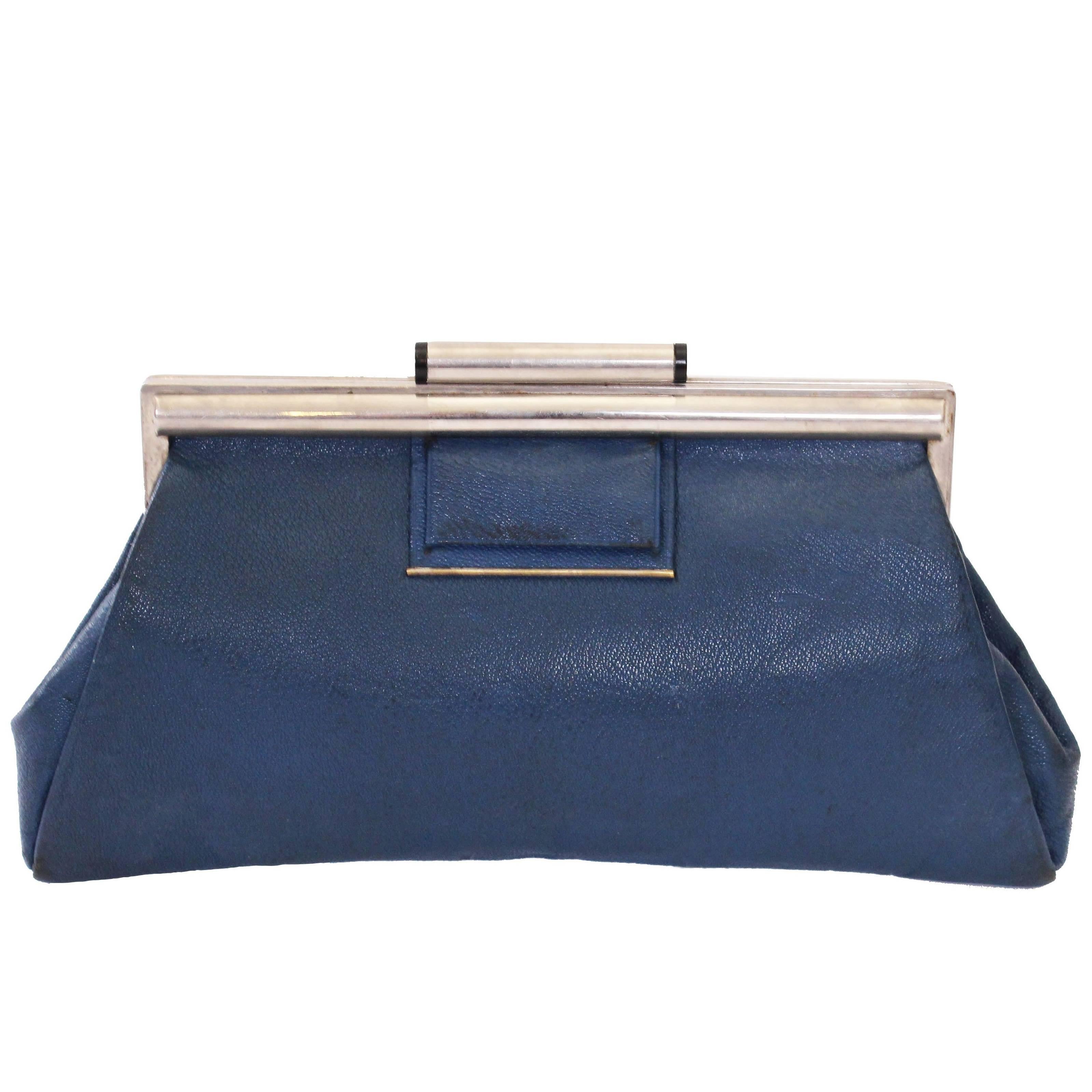 1920s Art Deco Blue Leather Clutch Bag
