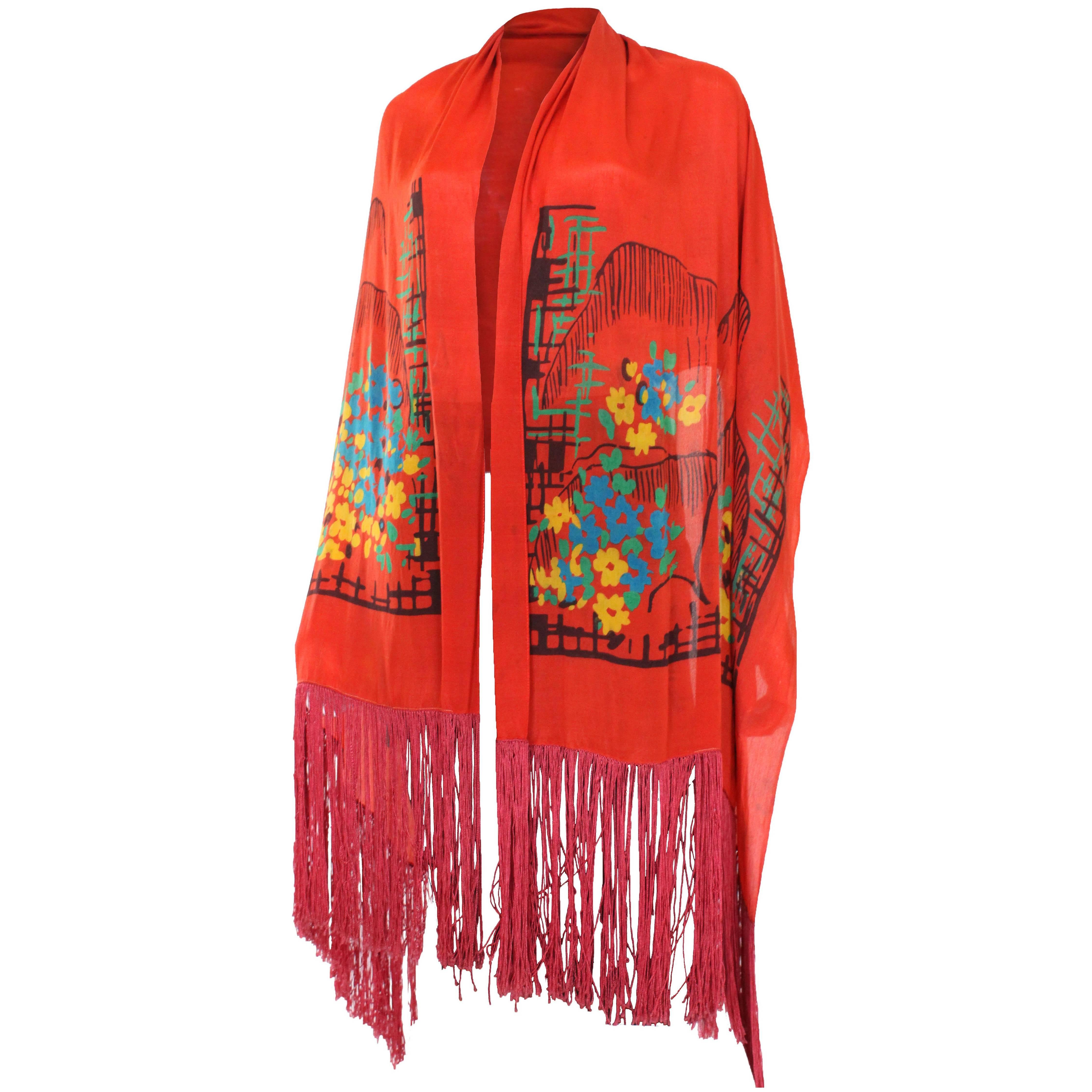 1920s Silk Hand Painted, Fringed Red Shawl