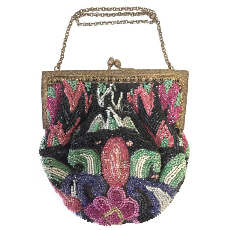 Antique 1890-1900 Art Nouveau Floral Beaded Evening Purse For Sale at ...