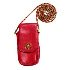 Chanel Caviar Mini Shoulder Bag - Case Red Leather Gold Chain CC Cell Phone
