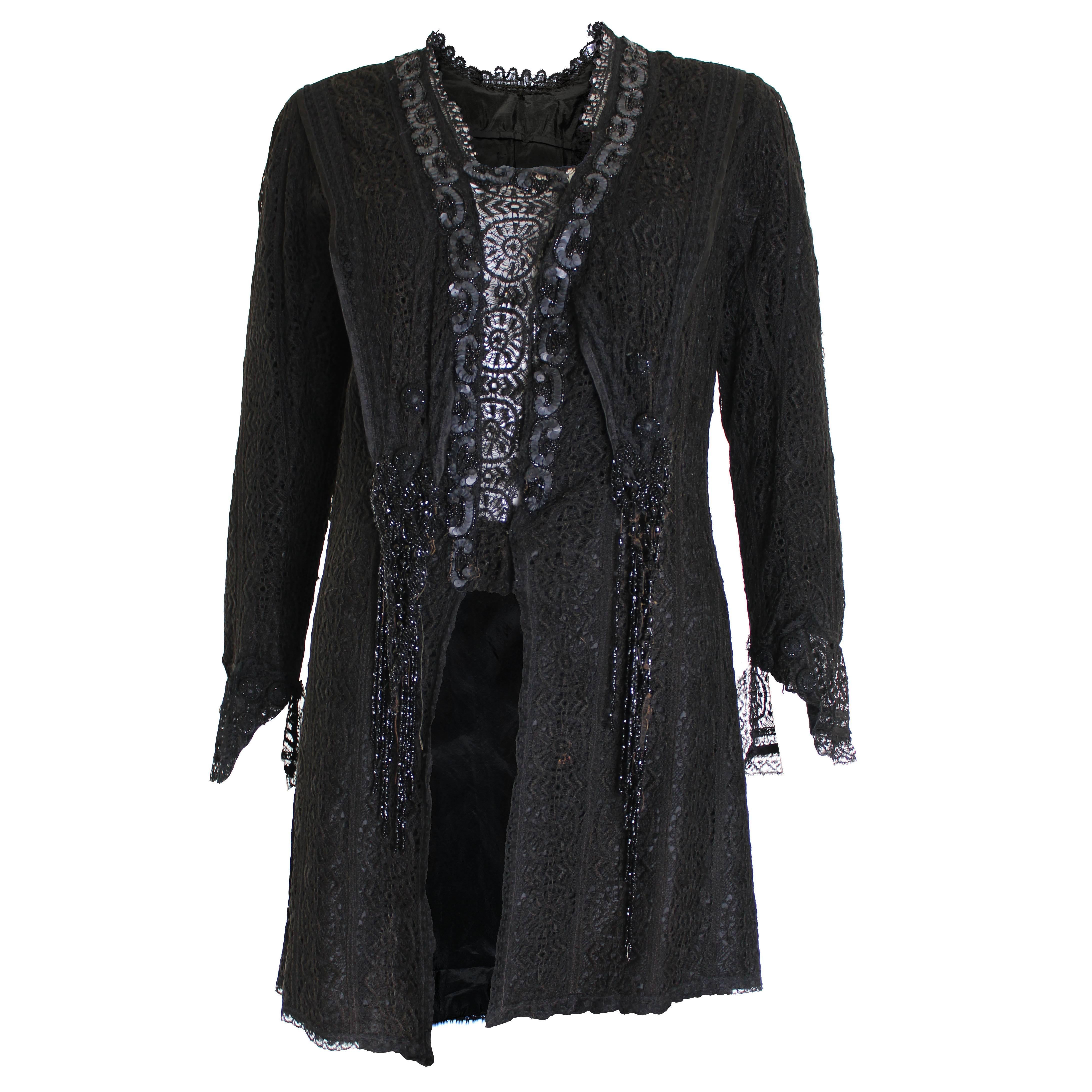 Antique Victorian Black Lace Jacket with Jet Beading