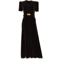 1930s Brown Velvet Gold Belted Dress