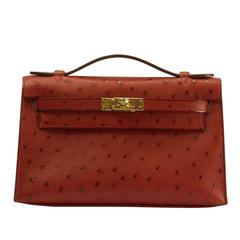 Hermes Kelly Pochette Ostrich Leather "Rouge Vif" Bright Red Color GHW 2017