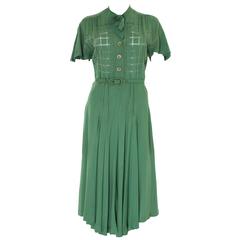 1940s Green Cotton Neck Tie Day Dress