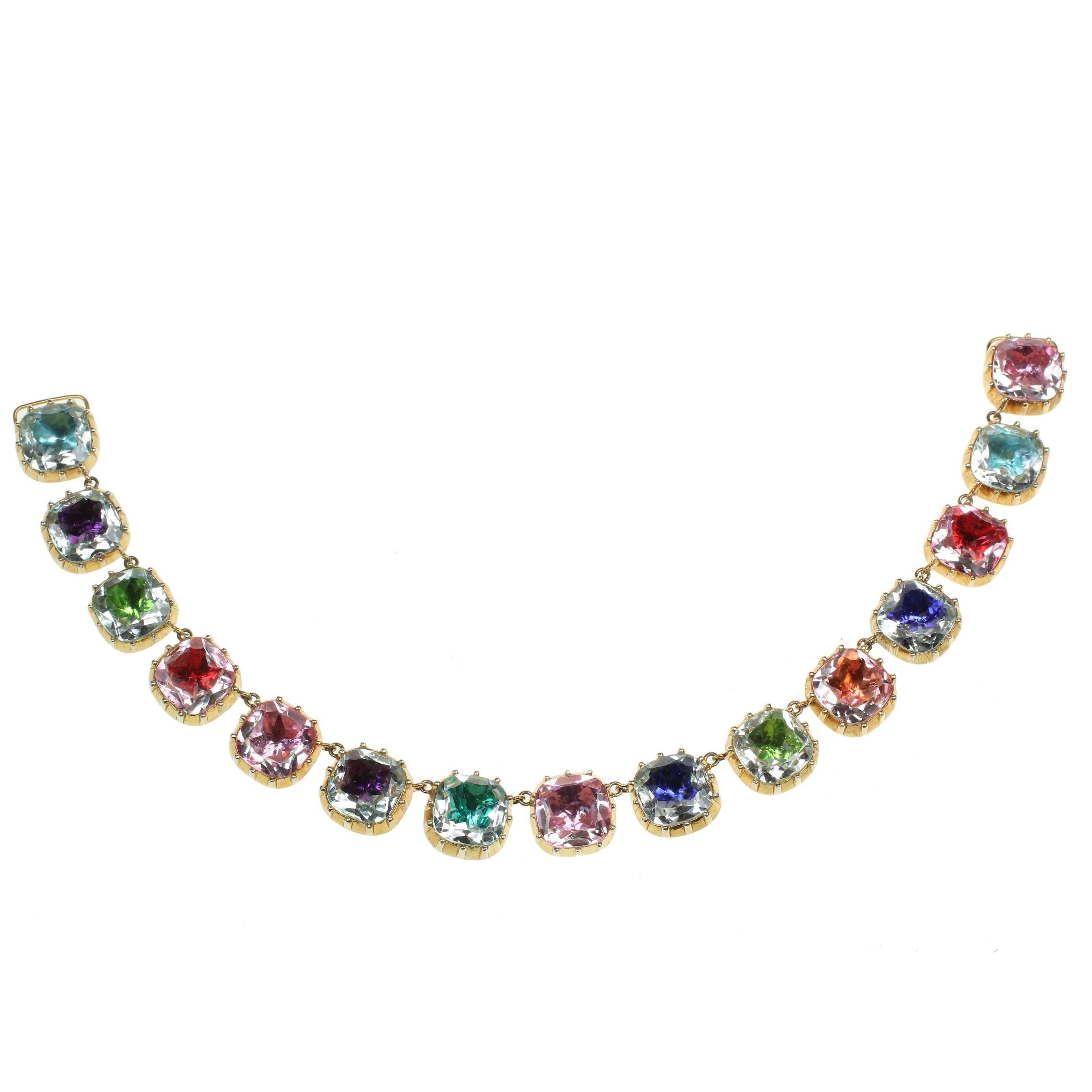 Georgian Style Harlequin Multicolour Rock Crystal Silver Riviere Necklace For Sale