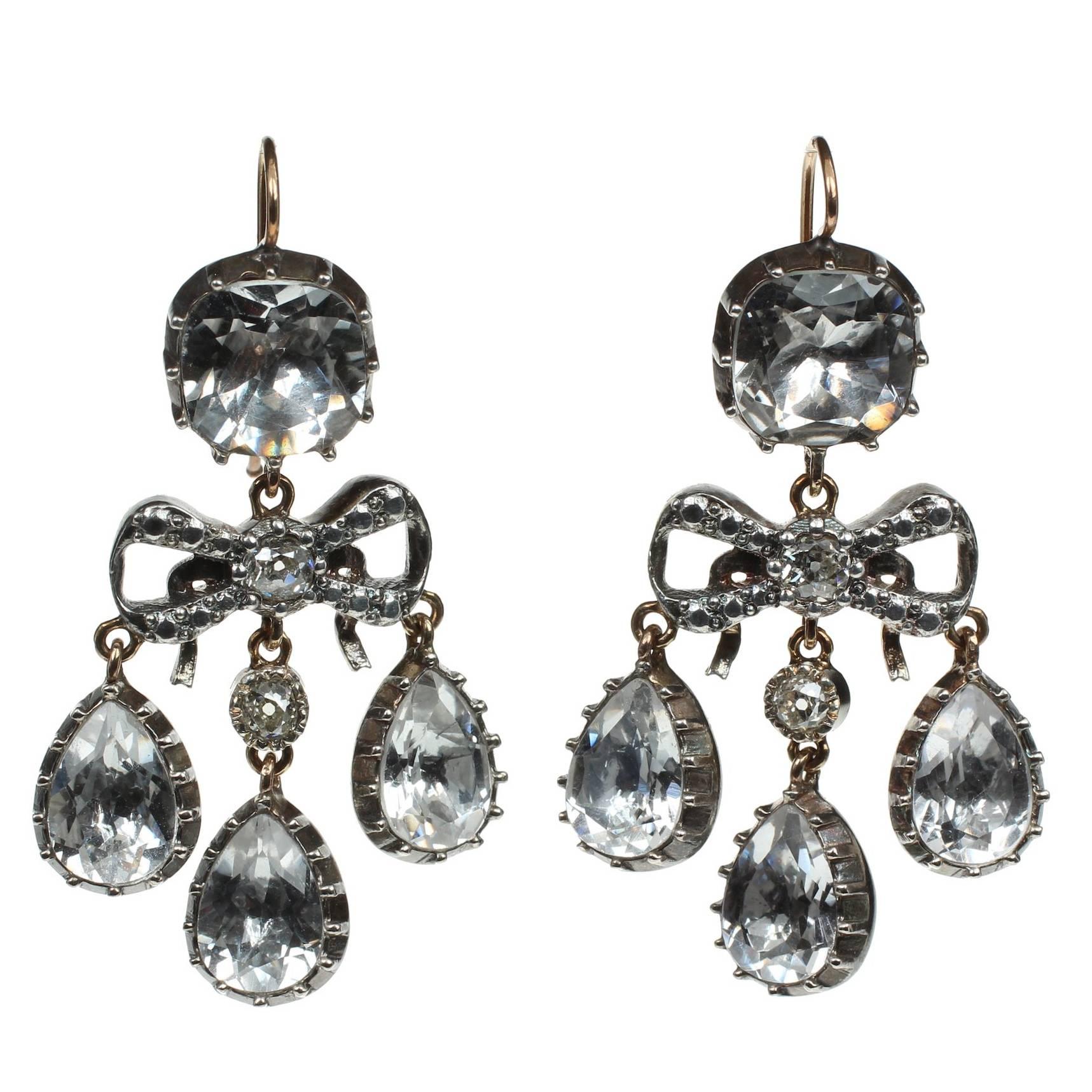Georgian Style Diamond Bow Rock Crystal Girandoles Silver Gold Vermeil Earrings For Sale