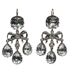 Georgian Style Diamond Bow Rock Crystal Girandoles Silver Gold Vermeil Earrings