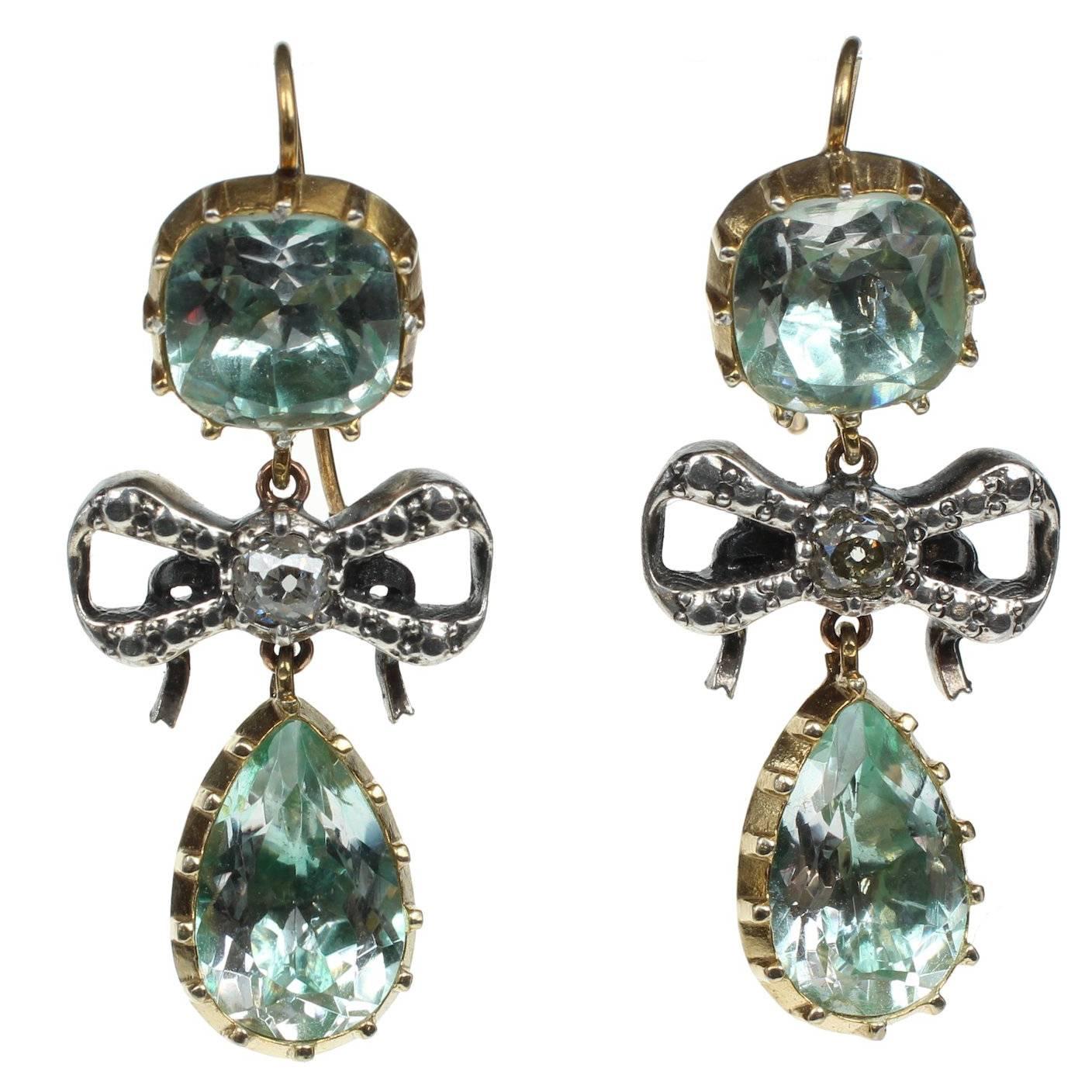 Georgian Style Diamond Bow Green Rock Crystal Silver Gold Vermeil Drop Earrings  For Sale