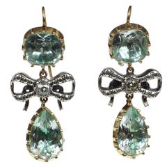 Georgian Style Diamond Bow Green Rock Crystal Silver Gold Vermeil Drop Earrings 