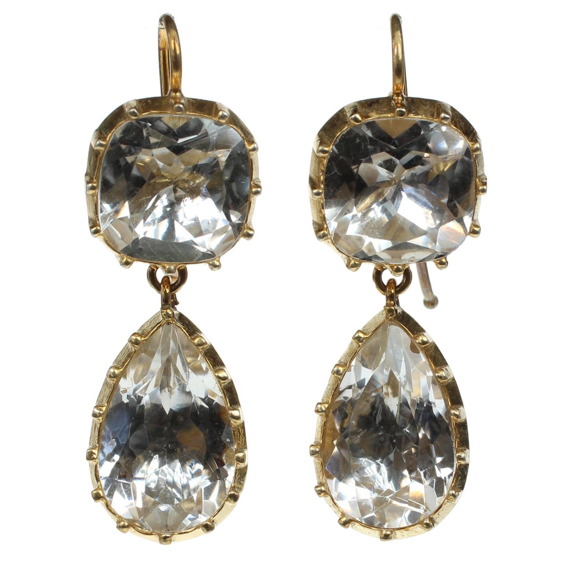 Georgian Style Cushion Pear Cut Rock Crystal Silver Gold Vermeil Drop Earrings For Sale