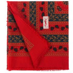 YVES SAINT LAURENT c.1980's YSL Red Patterned Wool Shawl Scarf