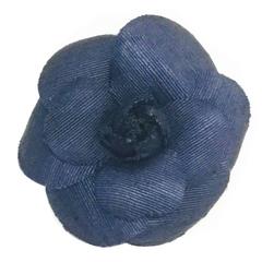 Chanel Classic Navy Silk Gazar Camellia Brooch