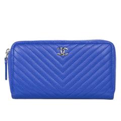 Chanel 2016 Cobalt Blue Chevron Quilted Caviar Leather Small Zip Wallet