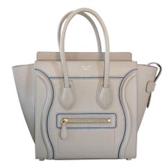 Celine Micro Luggage Light Taupe Calfskin Tote Handbag with Blue Piping