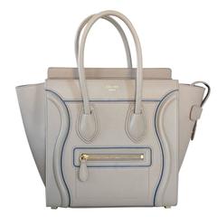 Celine Micro Luggage Light Taupe Calfskin Tote Handbag with Blue Piping 1