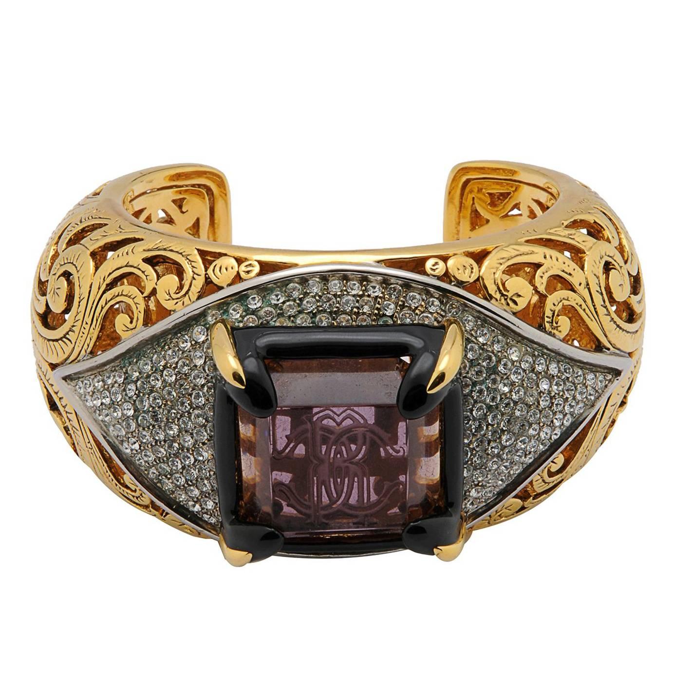 Roberto Cavalli NEW & SOLD OUT Gold Filigree Rhinestone Logo Cuff Bracelet