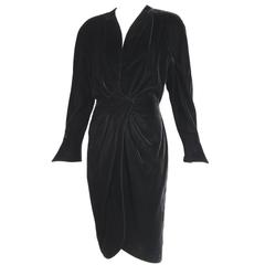 Vintage 1990's Thierry Mugler Black Velvet Hourglass Shape Wrap Dress
