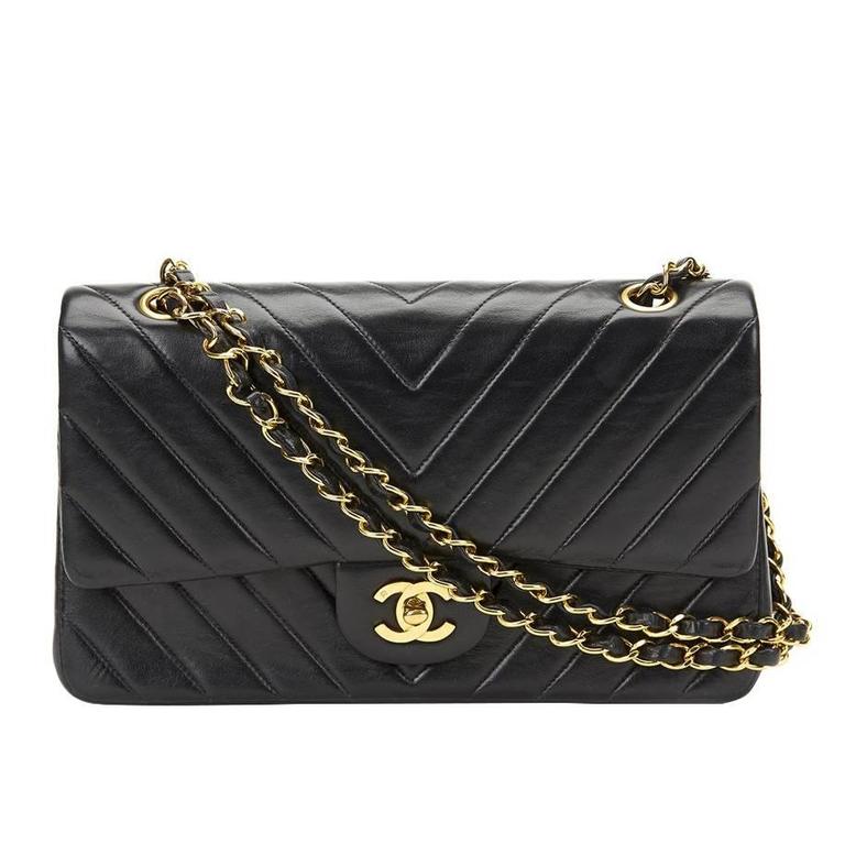 1980s Chanel Chevron Quilted Lambskin Vintage Medium Classic Double Flap Bag at 1stdibs