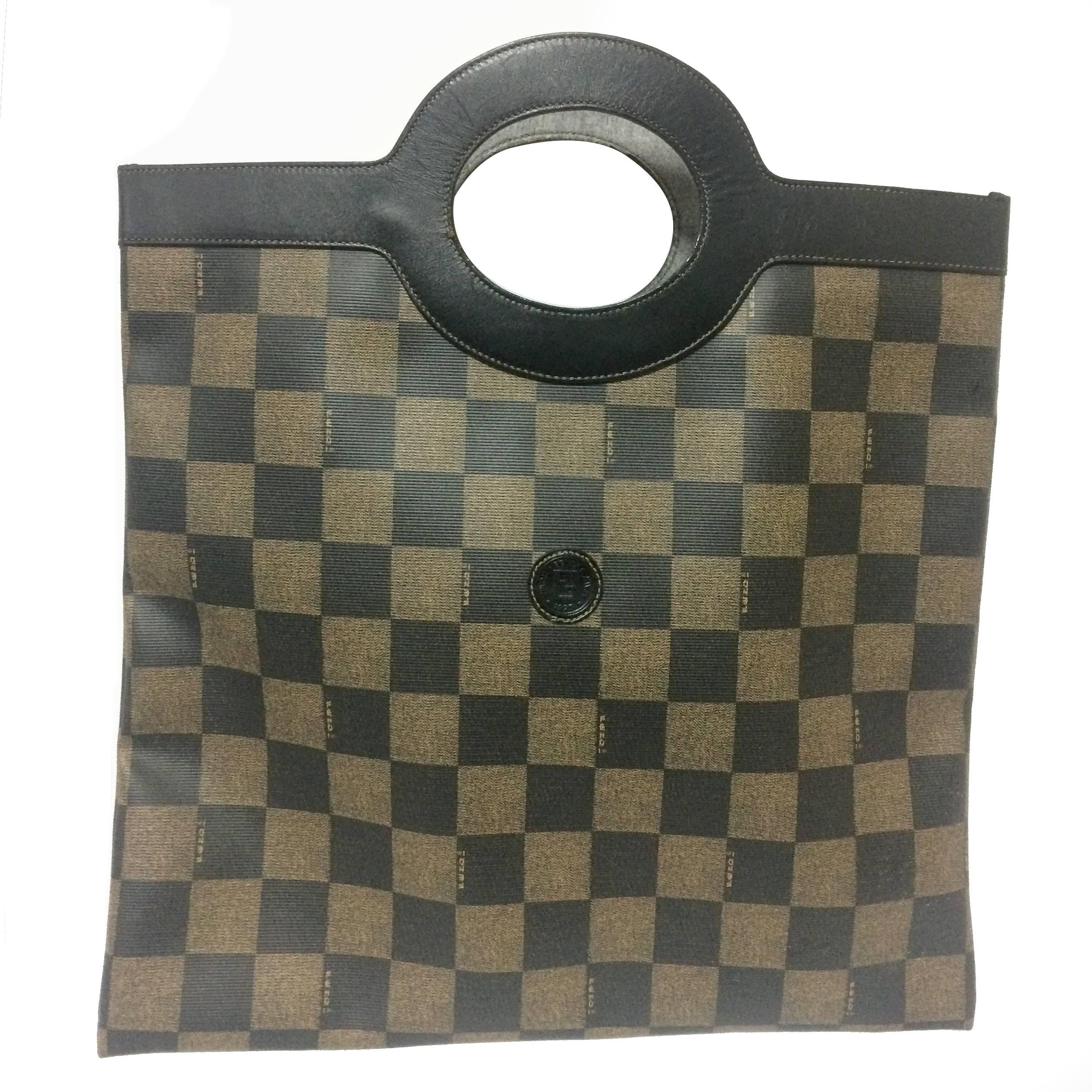 Vintage FENDI classic pecan chess pattern shopper tote bag with black leather