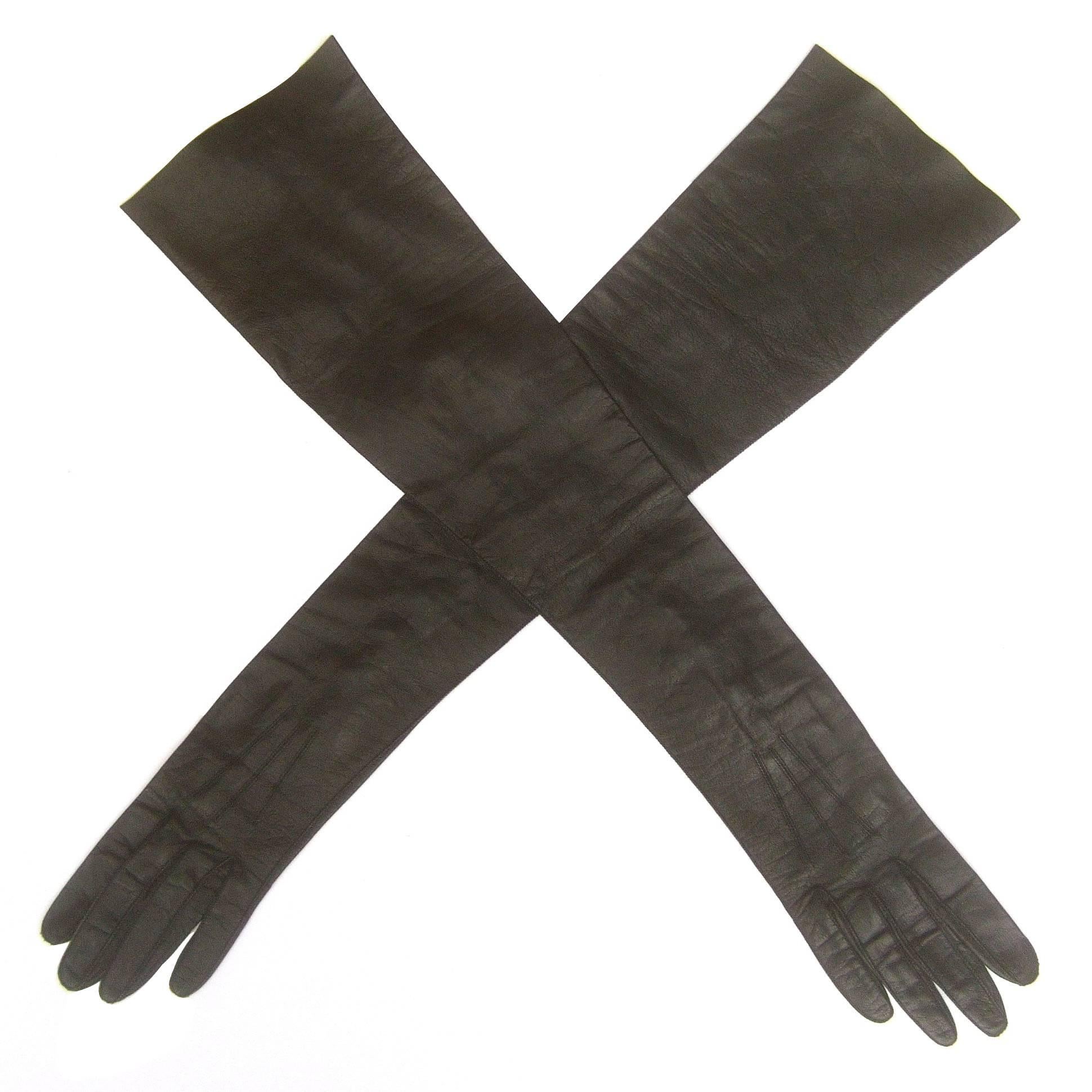 Sleek Ebony Opera Length Kid Skin Leather Gloves c 1970s