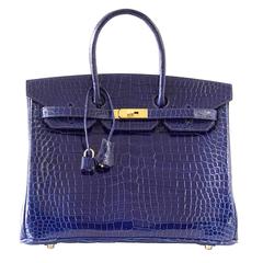 HERMES BIRKIN 35 Bag Blue Sapphire Porosus Crocodile Gold Hardware 12