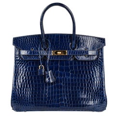 Hermes Blue Sapphire Porosus Crocodile Gold Hardware Birkin 35 Bag