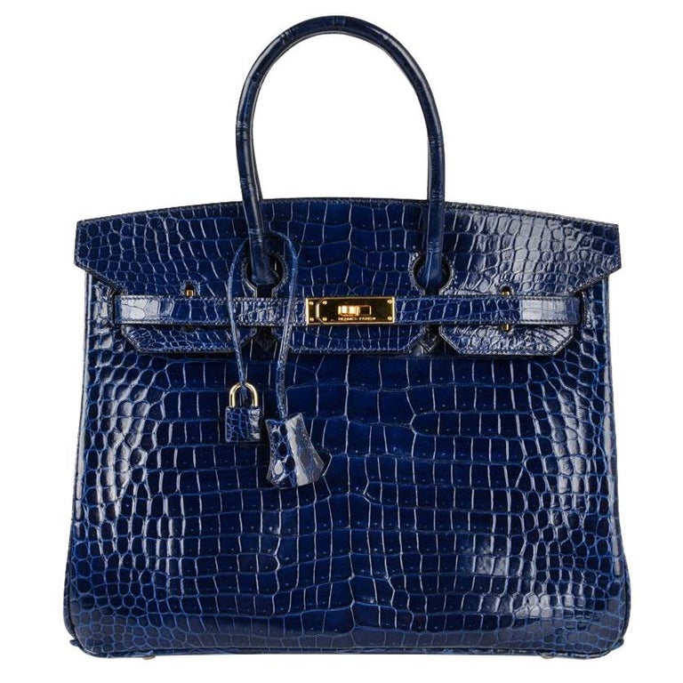 Hermes Blue Sapphire Porosus Crocodile Gold Hardware Birkin 35 Bag at