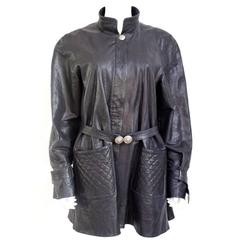 Chanel Black Quilted Leather Swing Coat Jacket 42 uk 14
