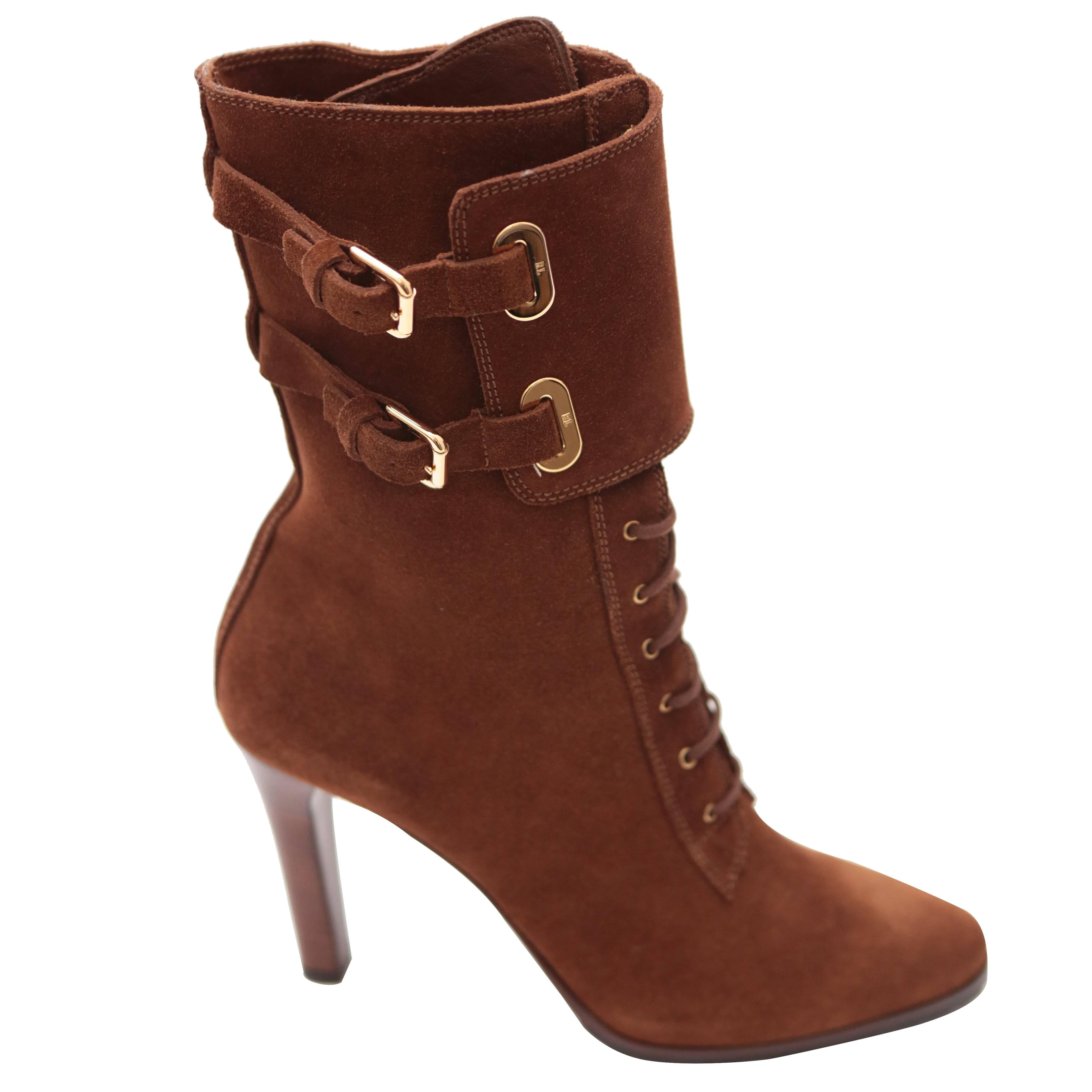 Ralph Lauren Double Buckle Cuff Lace-up Suede Heeled Boot