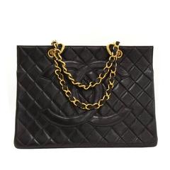 Vintage Chanel GST Black Quilted Leather Gold Hardware Large Tote Bag
