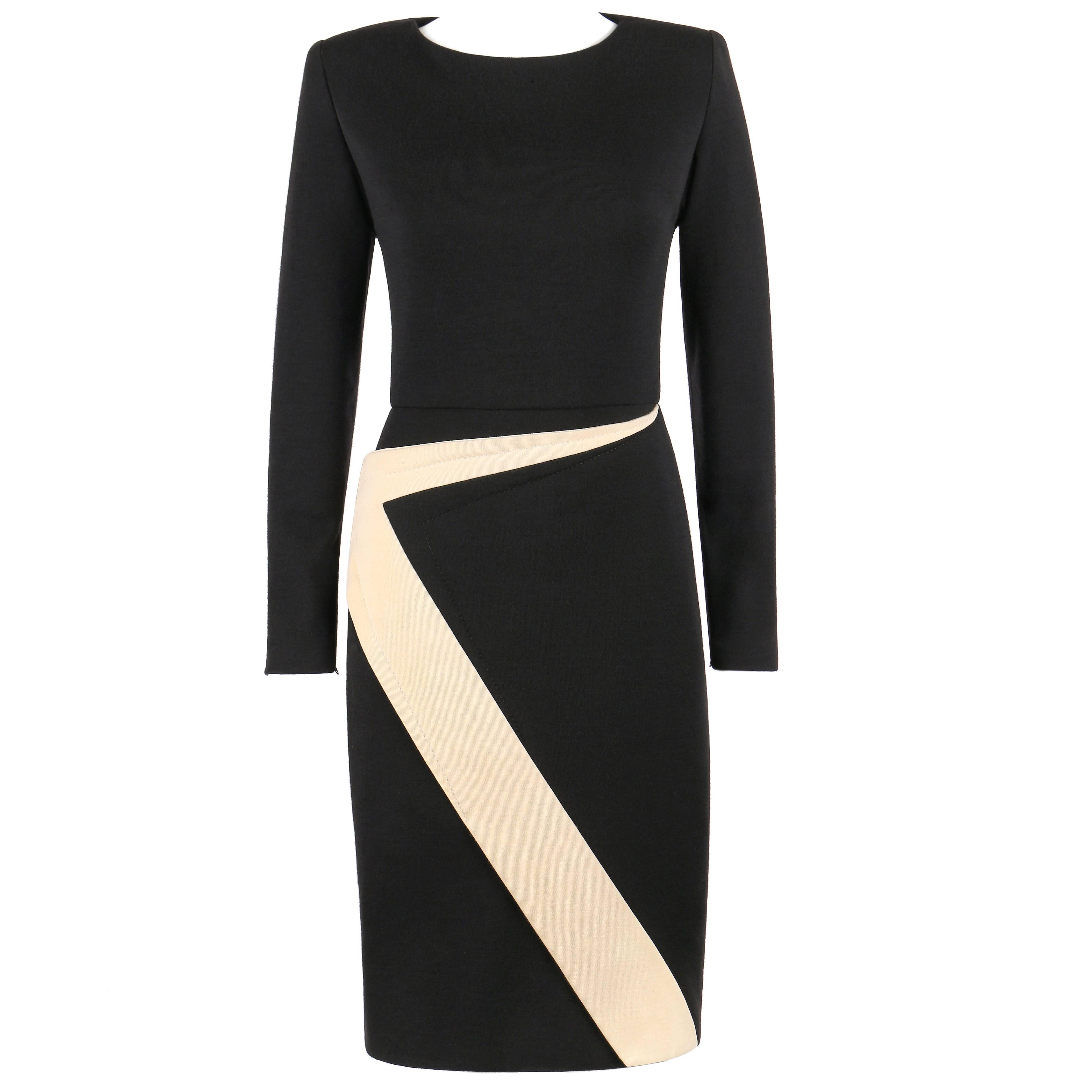 GALANOS c.1980's Black Ivory Avant Garde Zig Zag Panel Wool Knit Cocktail Dress For Sale