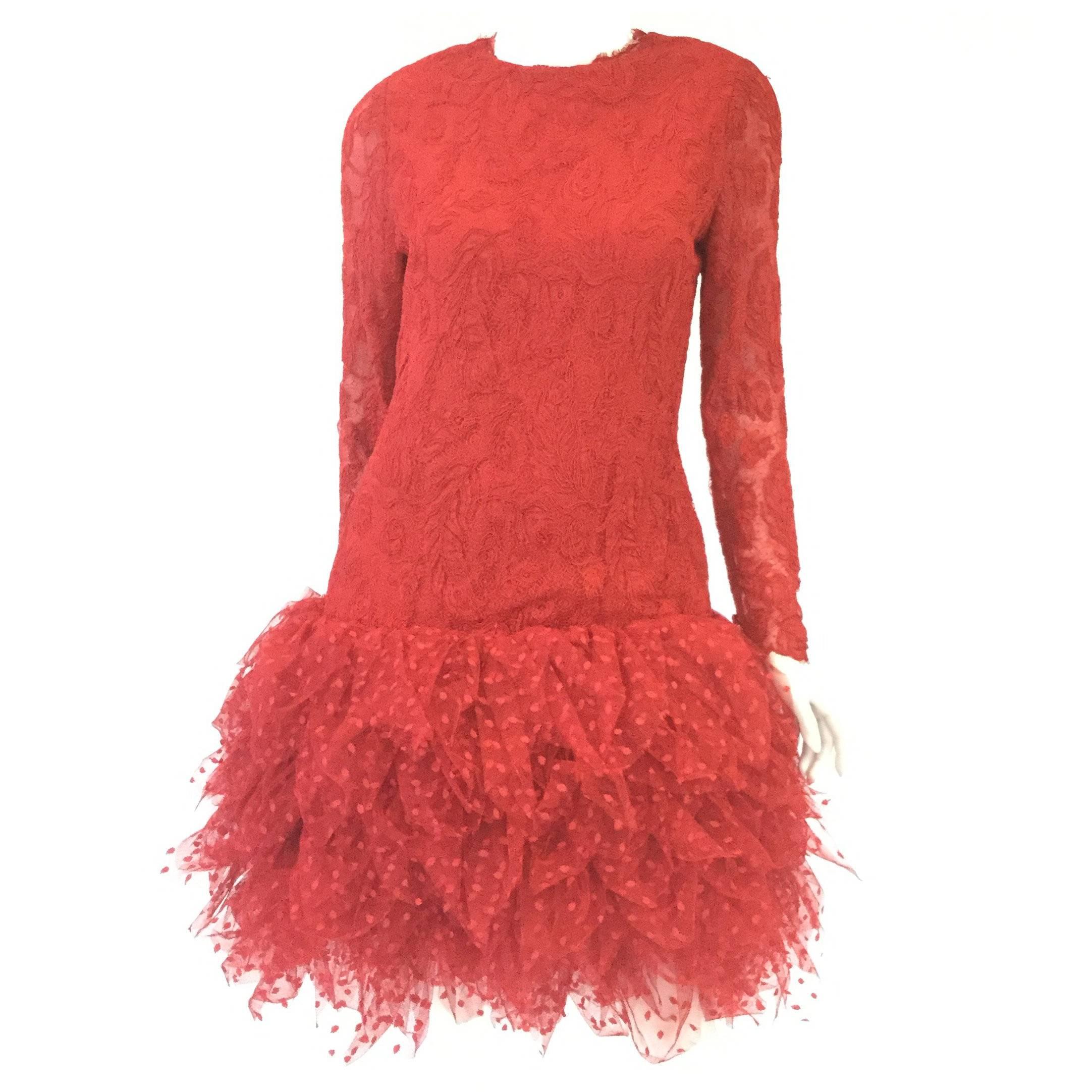 1980s Bill Blass Red Lace and Polkadot Tulle Cocktail Evening Dress