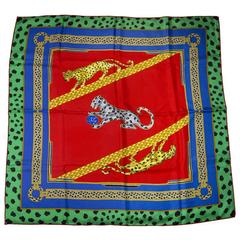 Cartier Red/Green/Gold/Blue Silk Panther Print Scarf 34"